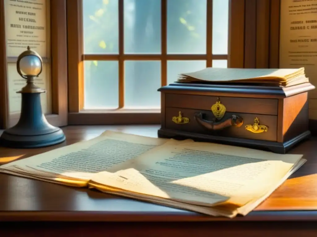 Escena nostálgica: escritorio antiguo con documentos, fotos vintage, pluma y mapa