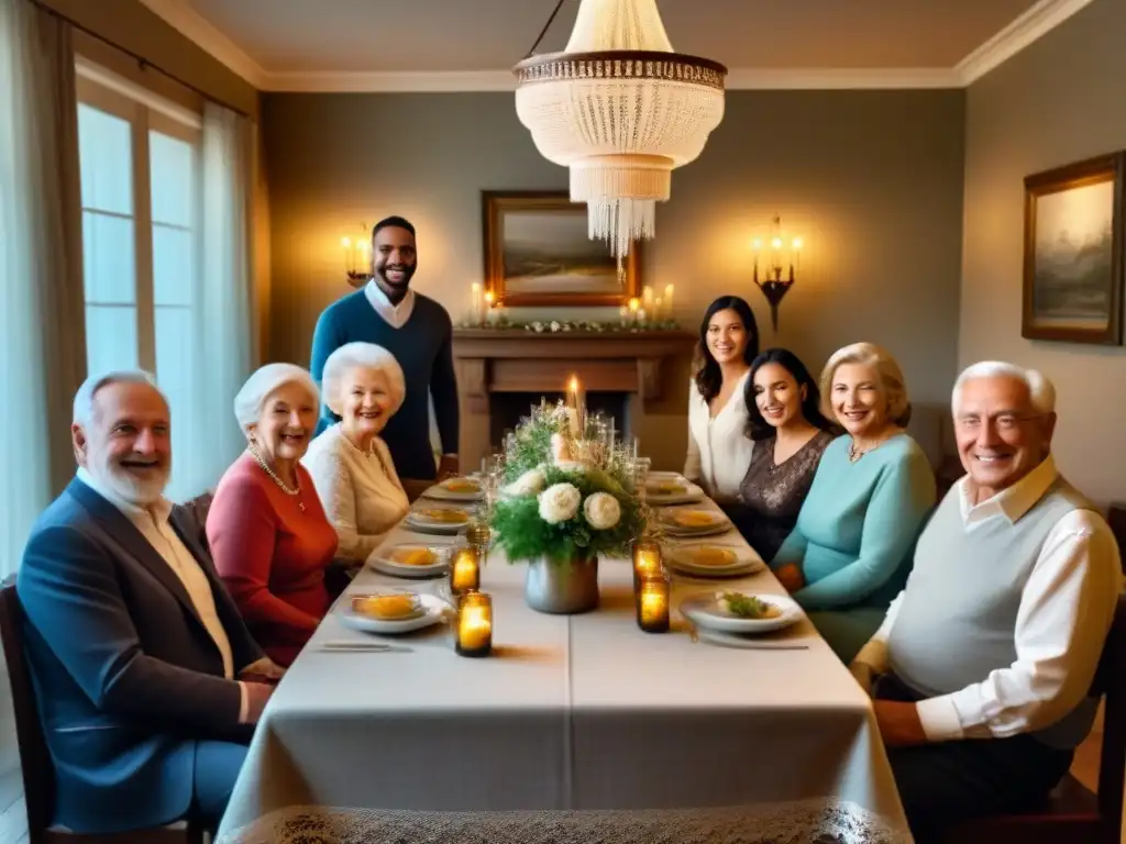 Una escena nostálgica de una gran reunión familiar en un comedor acogedor y cálido, mostrando la unión entre diferentes generaciones