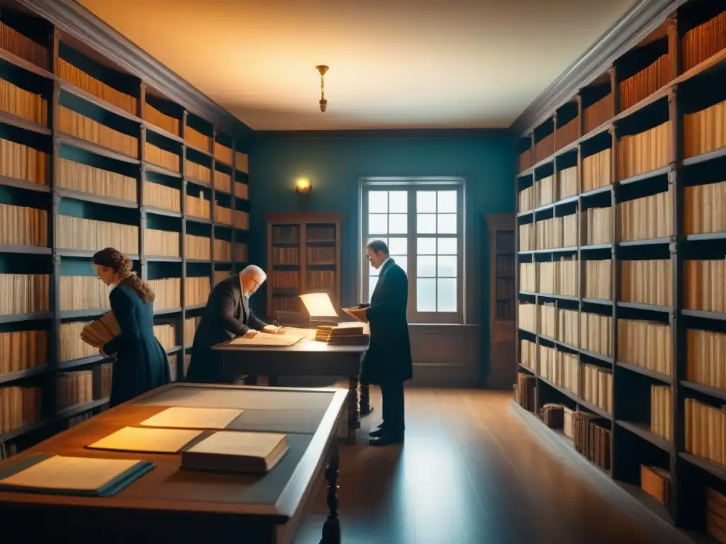 Una escena nostálgica de investigadores de genealogía digital y preservación archivos inmersos en un antiguo archivo familiar