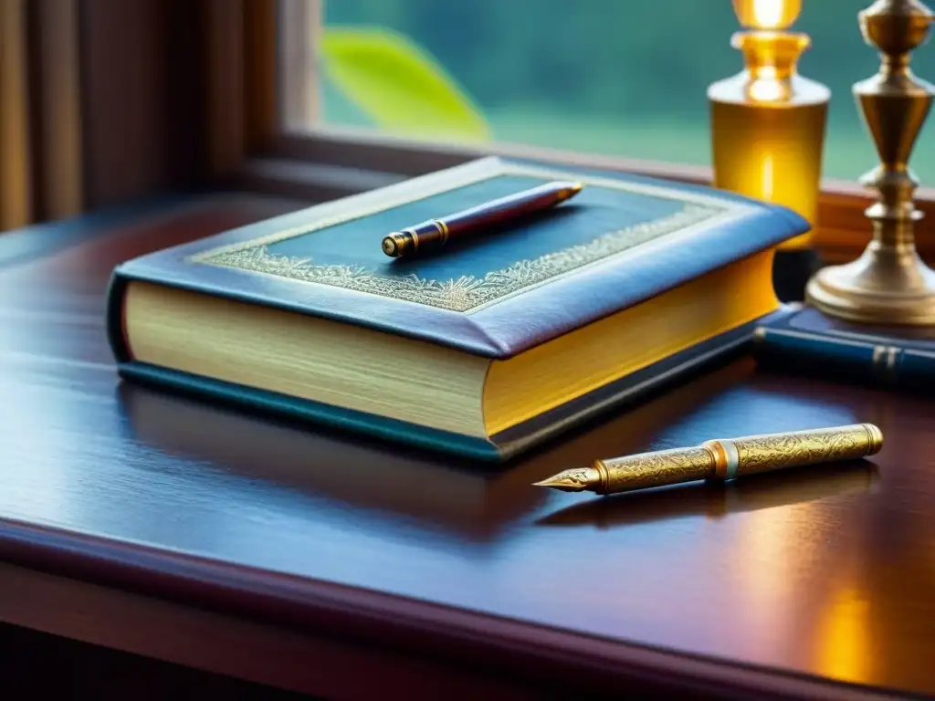 Escena nostálgica con libro antiguo, pluma, tintero y gafas sobre escritorio de caoba