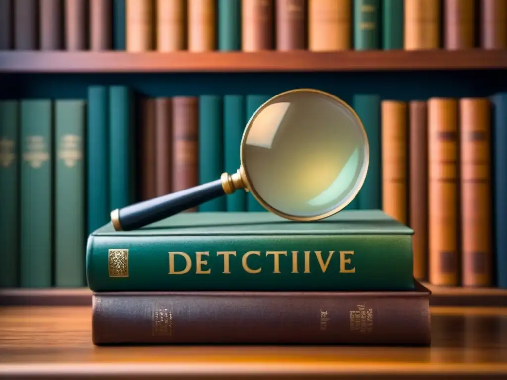 Escena nostálgica: lupa sobre libro 'Detective' en estantería de novelas detectivescas