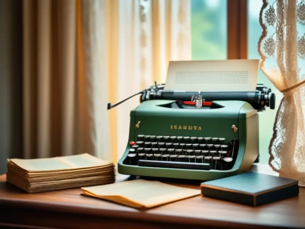 Escritura nostálgica: máquina de escribir vintage y recuerdos antiguos Escena nostálgica: máquina de escribir vintage, fotos antiguas, papeles amarillentos y lentes