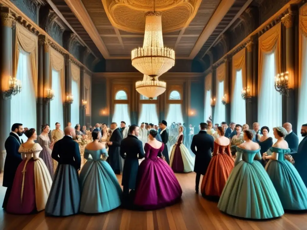 Escena renacentista de un salón de baile con nobles y plebeyos, vestidos con trajes elaborados y detalles arquitectónicos intrincados