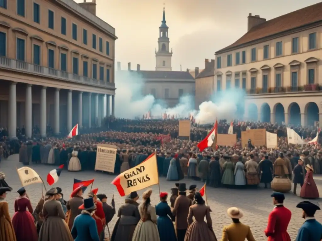 Una ilustración vintage de una escena revolucionaria donde apellidos con R lideran protesta en una plaza histórica del siglo XVIII