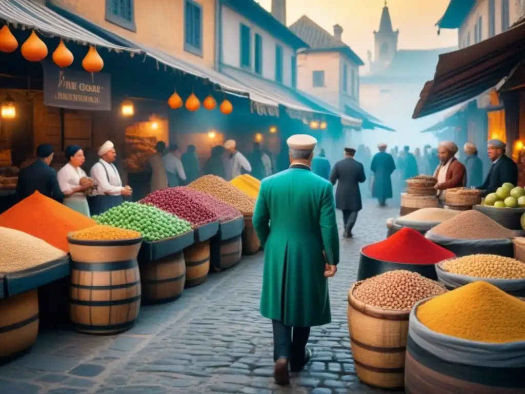 Escena vibrante de un bullicioso mercado antiguo, con vendedores de especias y frutas exóticas