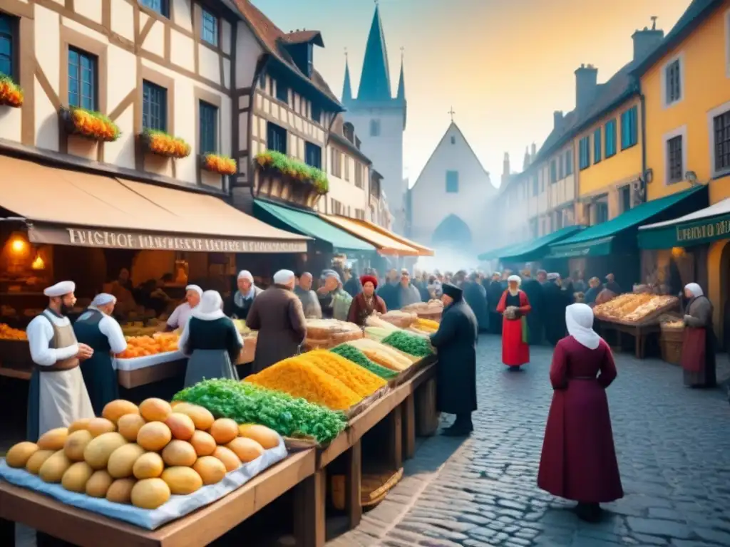 Escena vibrante de un bullicioso mercado medieval con vendedores de alimentos variados