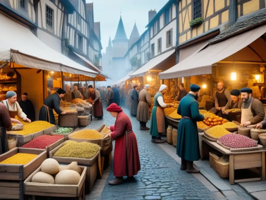 Escena vibrante en un bullicioso mercado medieval, reflejando el origen de apellidos por oficios