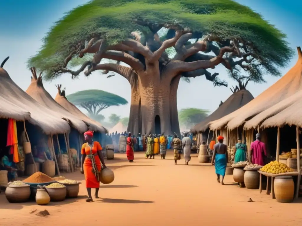 Escena vibrante de un mercado africano, mujeres en trajes tradicionales animadas conversaciones bajo baobabs