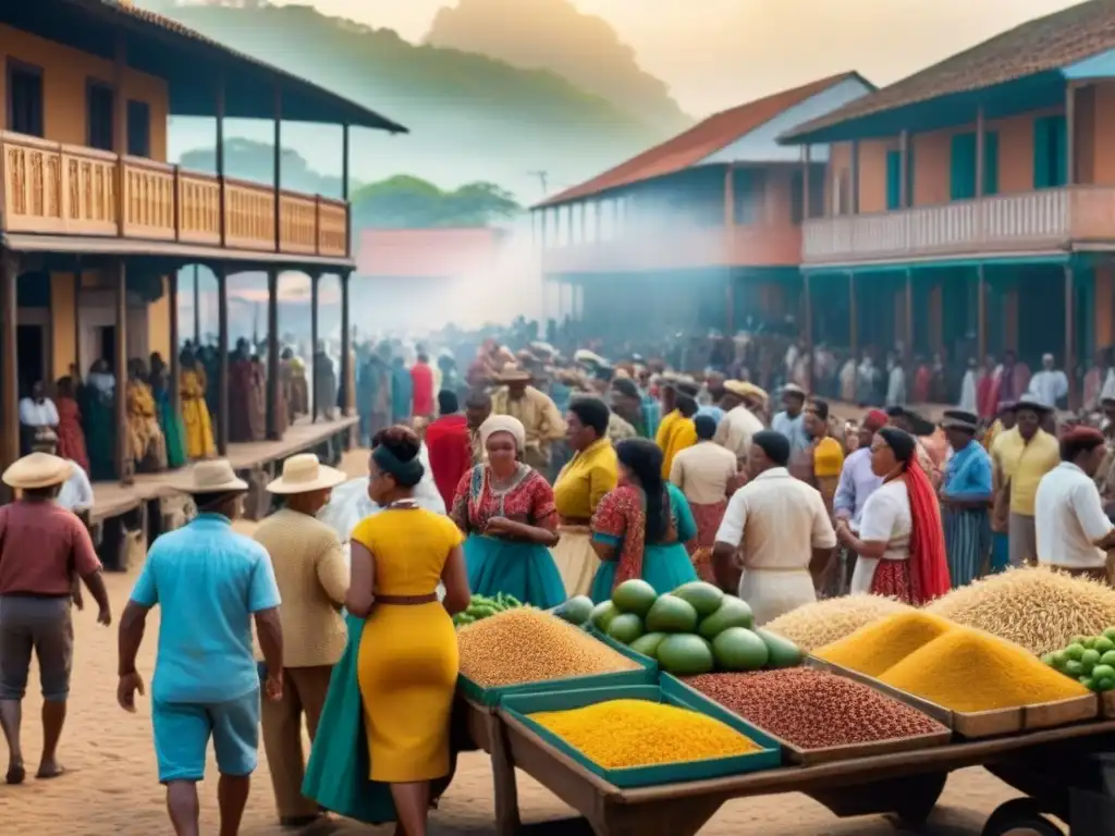 Escena vibrante de mercado antiguo en Brasil, con diversidad cultural y colorida vestimenta tradicional