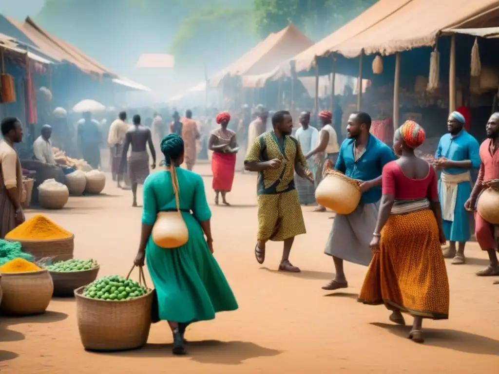 Escena vibrante de un mercado en África colonial, con cambio de apellidos y rica diversidad cultural