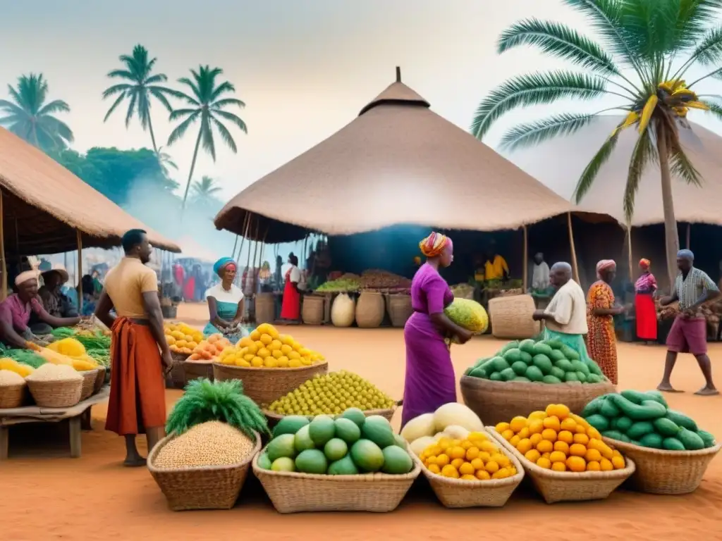 Escena vibrante de un mercado colonial africano con Origen apellidos africanos coloniales