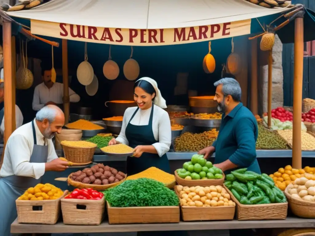 Escena vibrante en un mercado medieval con puestos de comida y apellidos como 'López' y 'García'