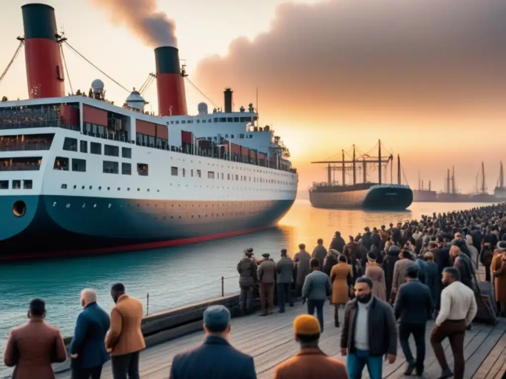 Escena vibrante en un puerto del siglo XIX con despedidas emotivas y un ambiente histórico al atardecer