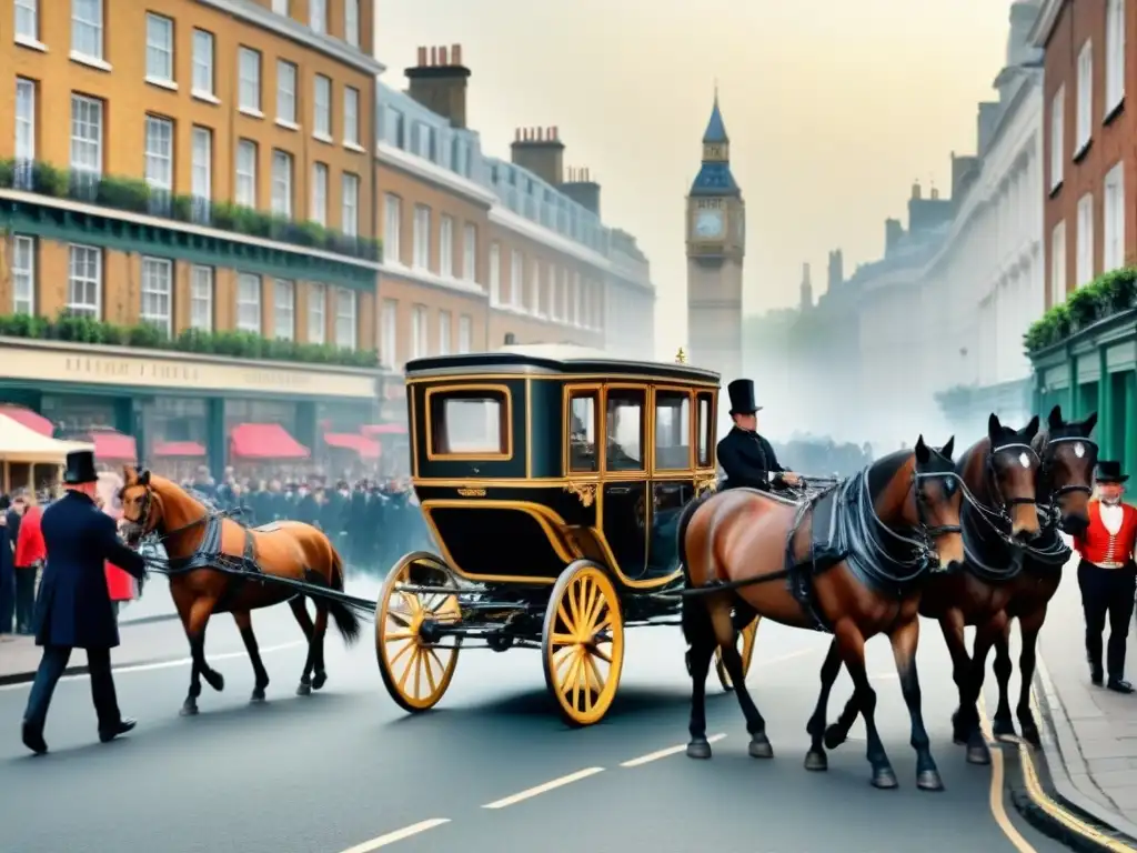 Escena victoriana en Londres con carruajes y farolas de gas, evocando el origen de apellidos británicos en la industria del cine