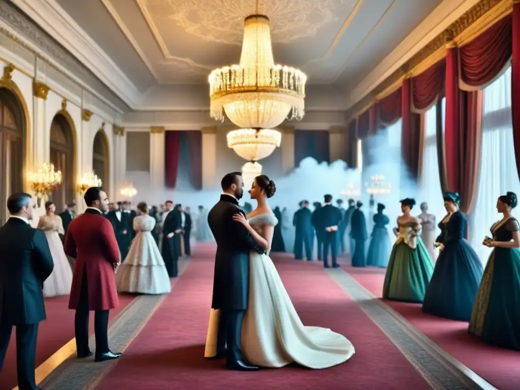 Escena victoriana en un lujoso salón de baile, reflejando la jerarquía social