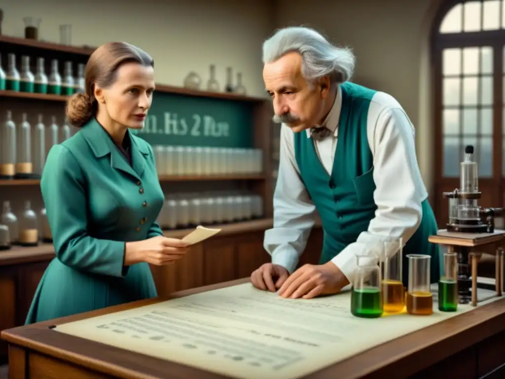 Una escena vintage con Marie Curie y Albert Einstein discutiendo ciencia en un laboratorio antiguo