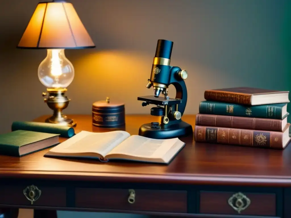 Escena vintage con microscopio antiguo y libros de ciencia, iluminada por una lámpara de aceite