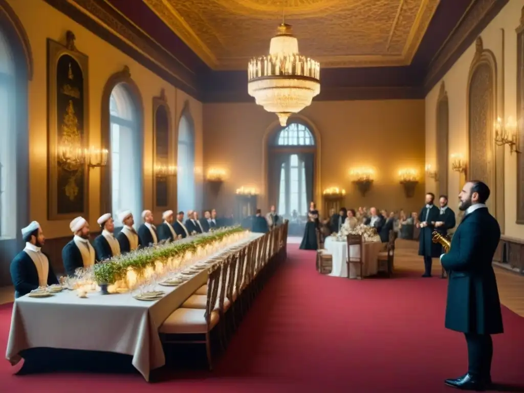 Una escena vívida de un banquete renacentista con nobles y plebeyos, iluminada por velas