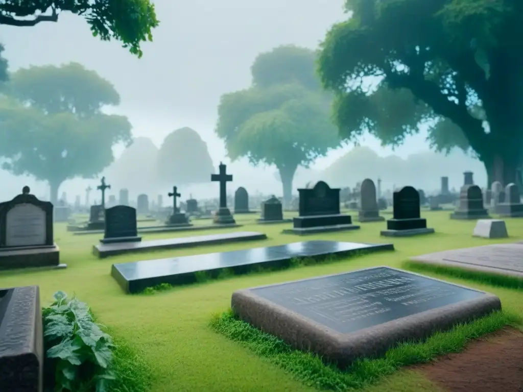 Un escenario de cementerio vintage detallado en 8k, con tumbas envejecidas rodeadas de vegetación exuberante y una suave niebla