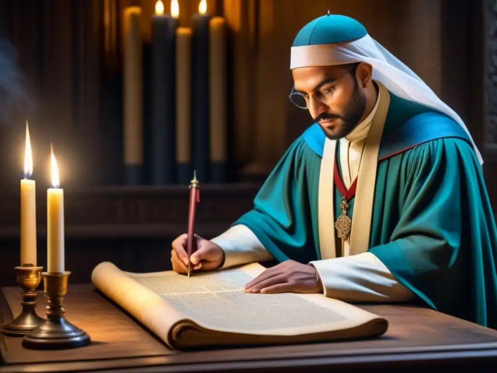 Un escriba medieval traza un apellido noble en un pergamino antiguo, rodeado de luz de velas