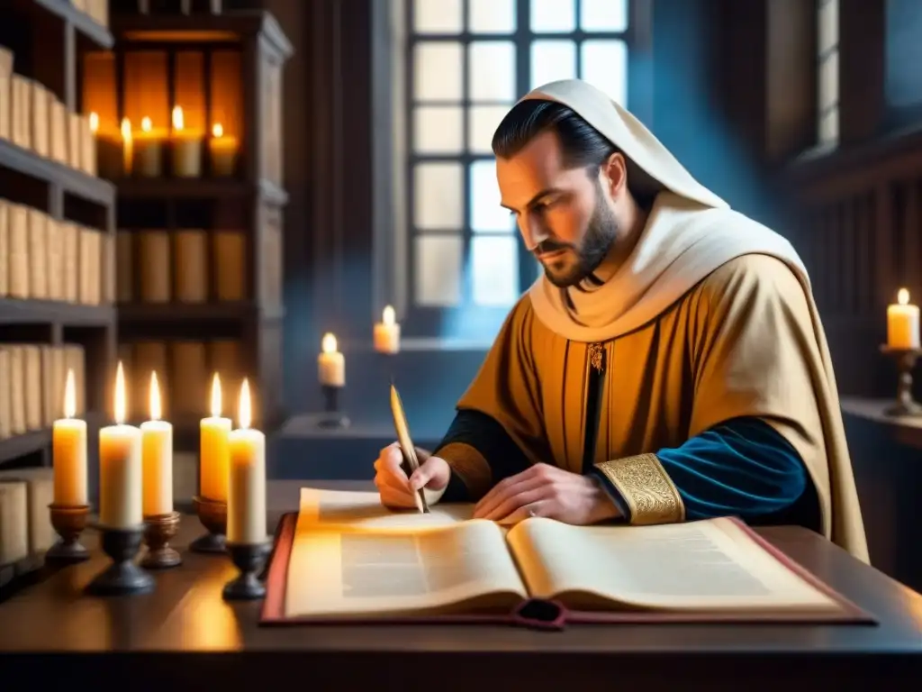 Un escriba medieval transcribe con dedicación un documento en un scriptorium iluminado por una vela