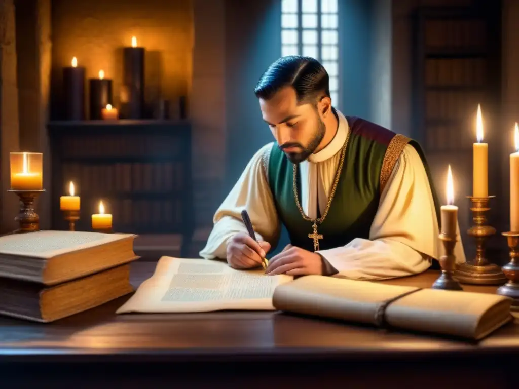 Un escriba medieval transcribe historias en pergamino a la luz de una vela, rodeado de pergaminos y artefactos antiguos