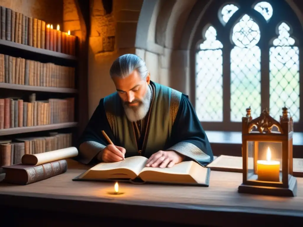 Un escriba medieval redacta en un libro antiguo, rodeado de pergaminos y tomos en un scriptorium iluminado por una vela