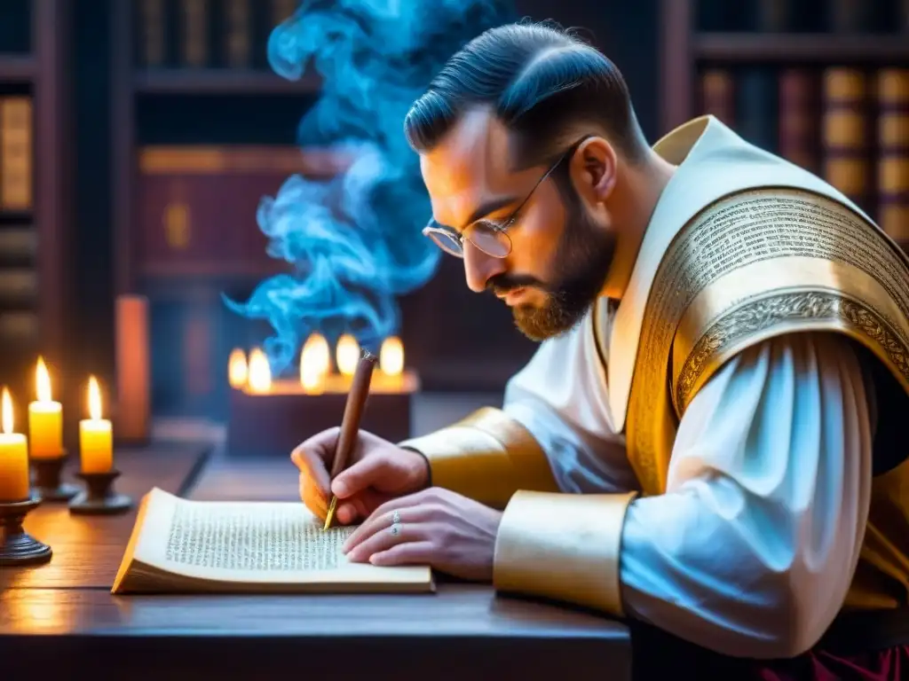Un escriba medieval redactando nombres en un manuscrito iluminado, rodeado de pergaminos y tomos antiguos en un scriptorium tenue