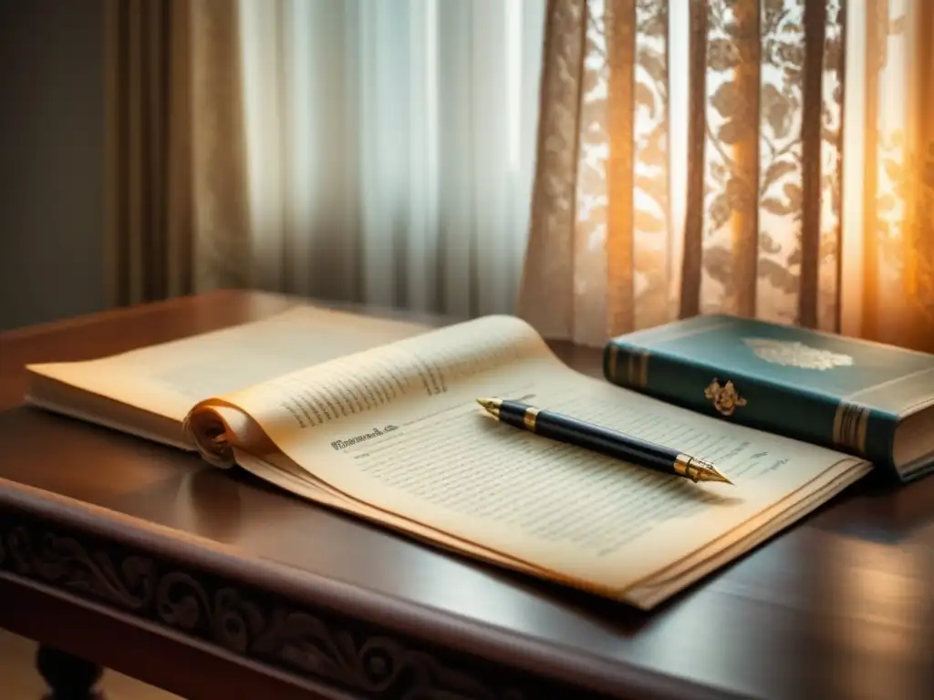 Un escritorio antiguo con documentos familiares, pluma y gafas vintage, iluminado por una cálida luz