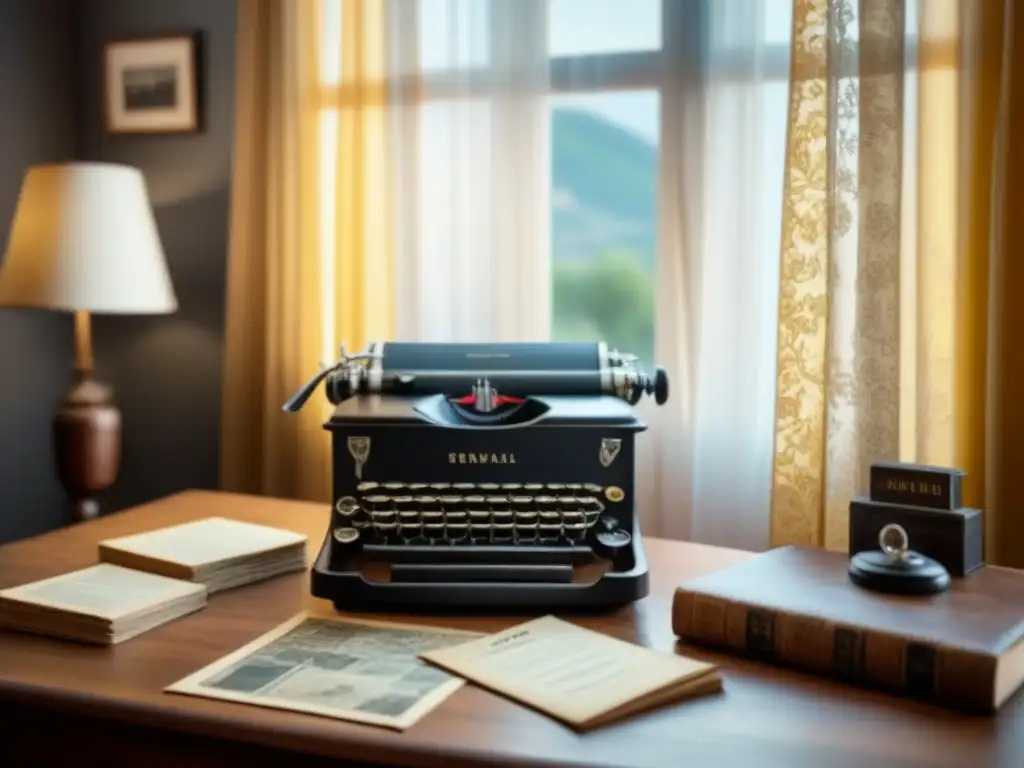 Un escritorio antiguo con fotografías, máquina de escribir, lentes y mapa en luz cálida evoca preservar historia familiar técnicas documentar