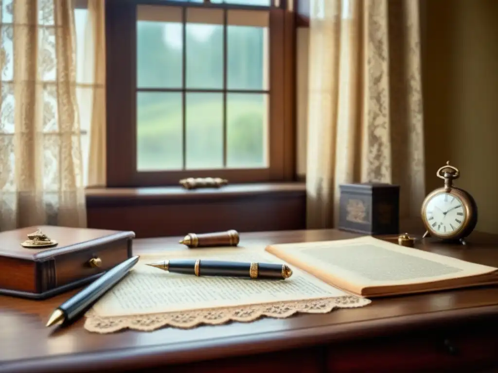 Un escritorio antiguo con fotos familiares, documentos vintage, pluma de ave y reloj de bolsillo junto a una ventana abierta