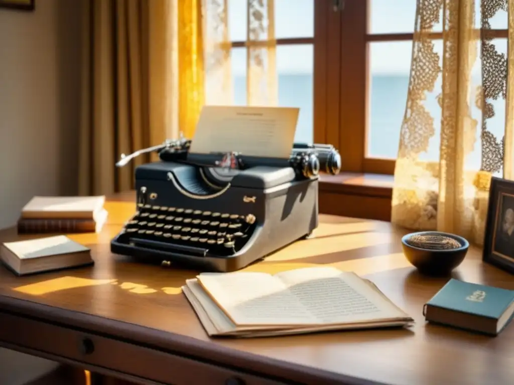 Escritorio antiguo: memorias familiares en papel amarillento Un escritorio antiguo lleno de fotografías familiares, cartas escritas a mano y una máquina de escribir vintage