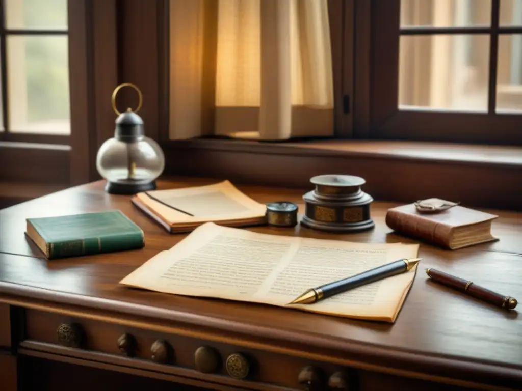 Un escritorio antiguo de madera con documentos, plumas y lupa vintage bajo la luz natural