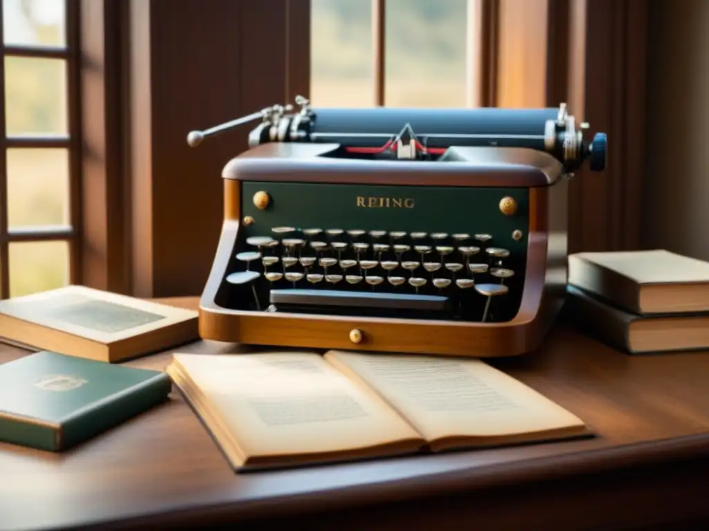 Un escritorio antiguo con una máquina de escribir, álbumes de fotos y gafas, iluminado por el sol