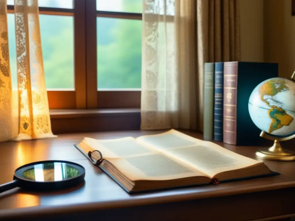 Un escritorio de madera vintage lleno de fotos familiares antiguas, gráficos genealógicos, una lupa vintage y una pluma sobre papel pergamino, iluminado por luz natural cálida a través de cortinas de encaje