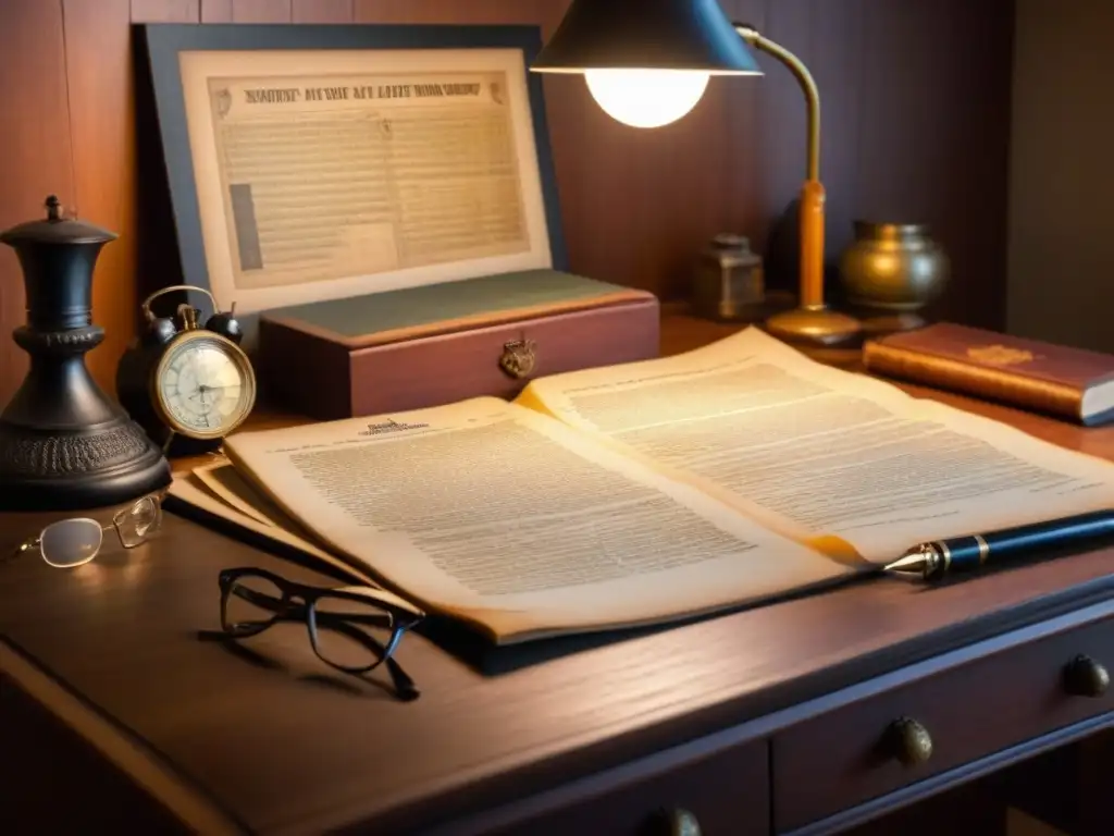 Un escritorio de madera vintage lleno de documentos antiguos, una pluma, anteojos y genealogía, iluminado por una lámpara cálida