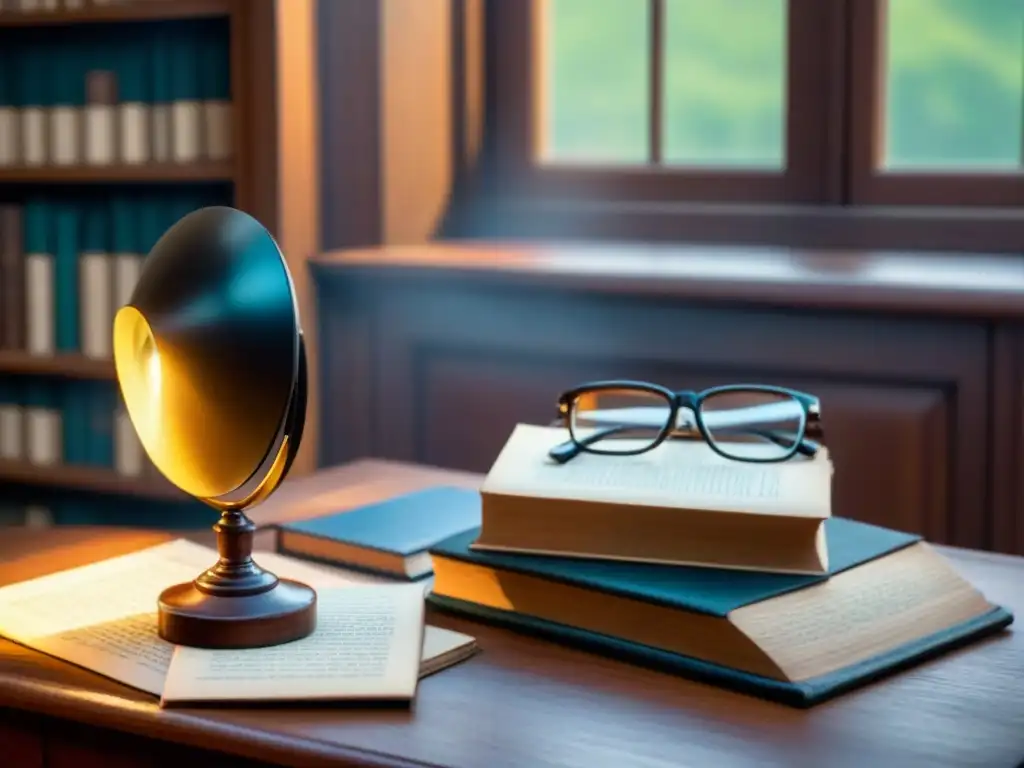 Un escritorio de madera vintage con lupa, cartas antiguas, pluma, libros y ventana iluminada