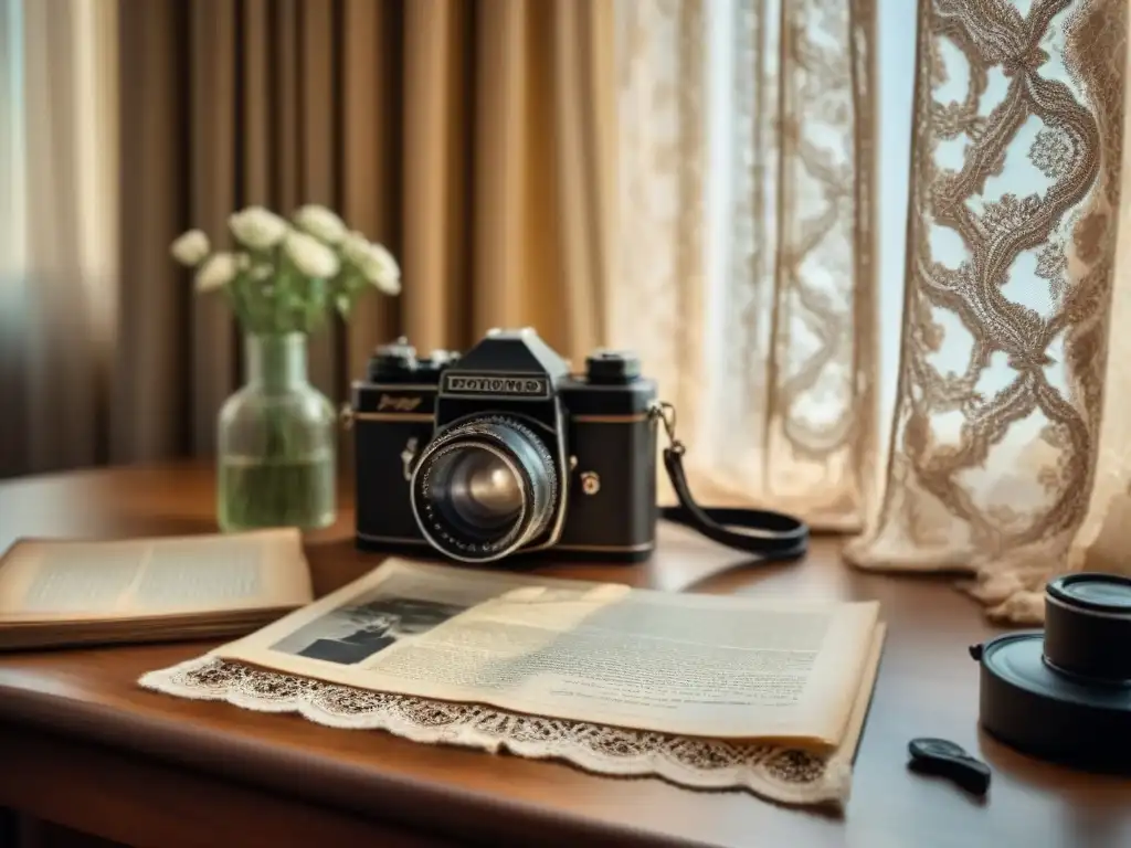 Escritorio vintage con fotografías familiares: nostalgia y genealogía Escritorio vintage con fotos familiares, documentos genealógicos, cámara antigua y lupa, bañados en cálida luz natural