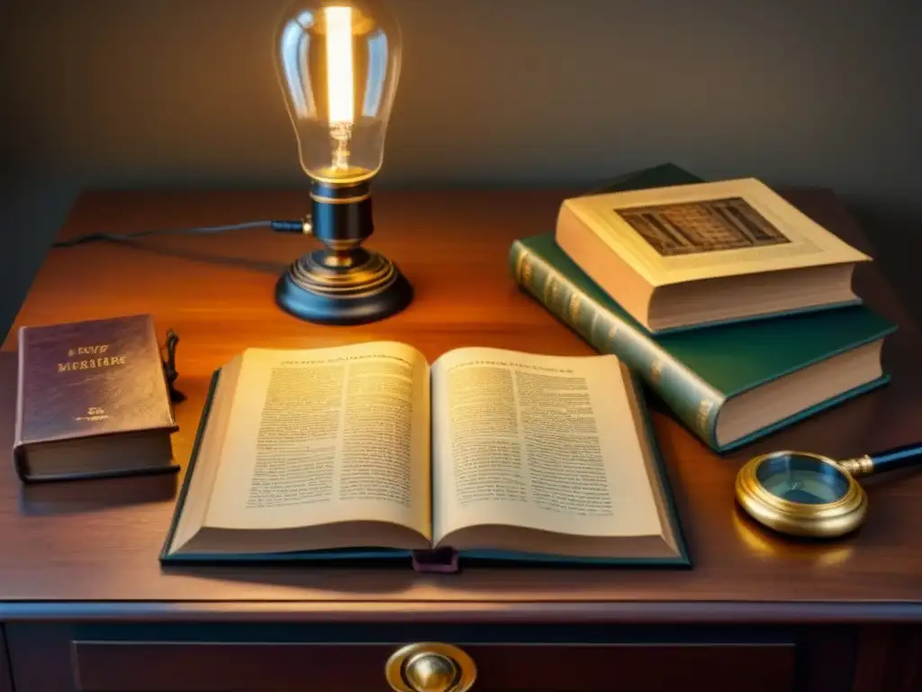 Escritorio vintage con libro de historia familiar, plumas antiguas y lupa, evocando la genealogía