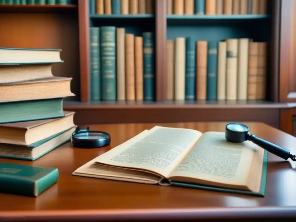 Un escritorio vintage lleno de fotografías antiguas y documentos familiares, con una luz cálida filtrándose por la ventana, rodeado de estanterías de libros antiguos