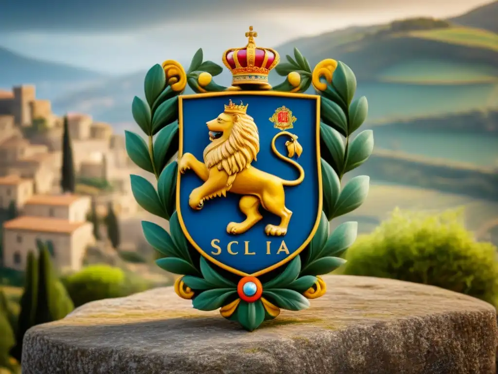 Escudo de armas ancestral siciliano esculpido en piedra, simbolizando nobleza e historia