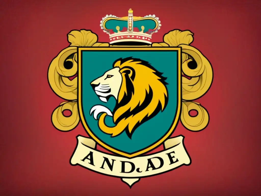 Un escudo de armas antiguo de la familia Andrade con leones, castillos y patrones detallados, evocando historia y linaje