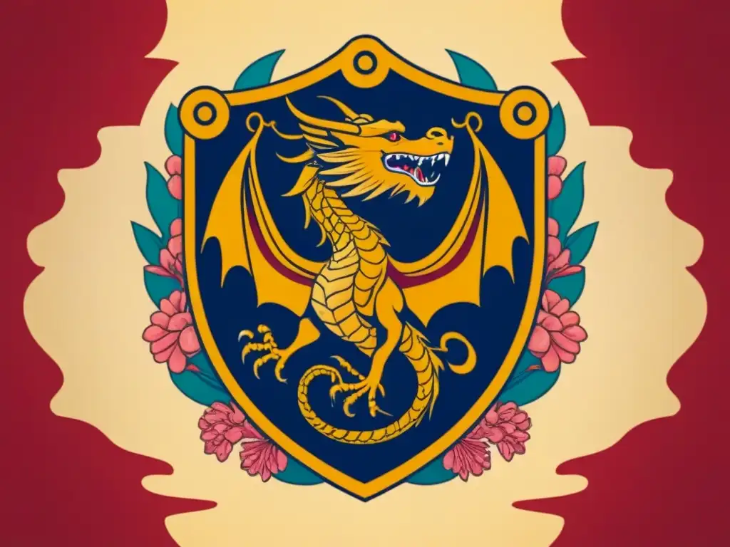 Escudo de armas asiático moderno en fusión con Europa, con dragones, pagodas y cerezos en flor