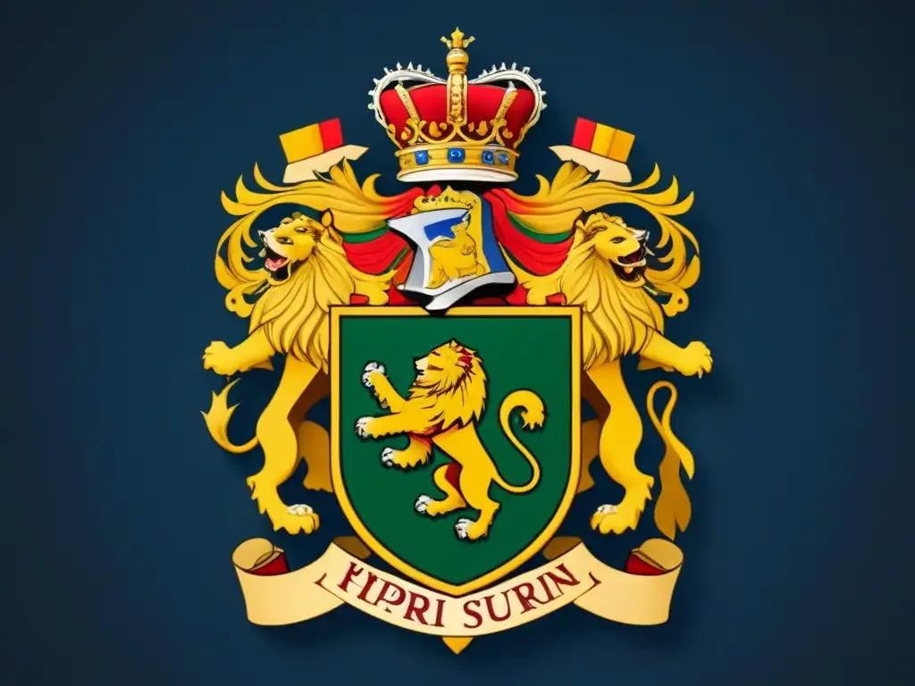 Escudo de armas detallado del apellido Prieto, con león rampante, corona y colores vibrantes