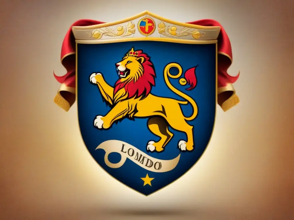 Escudo de armas detallado de la familia Lombardo, con león y espada, símbolos heráldicos y colores vibrantes, en pergamino envejecido