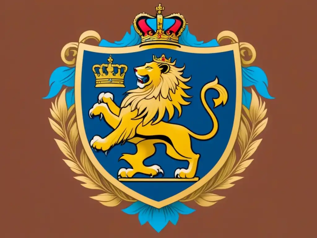 Escudo de armas detallado de la familia Sepúlveda, con un león majestuoso en oro y una corona real, rodeado de motivos heráldicos