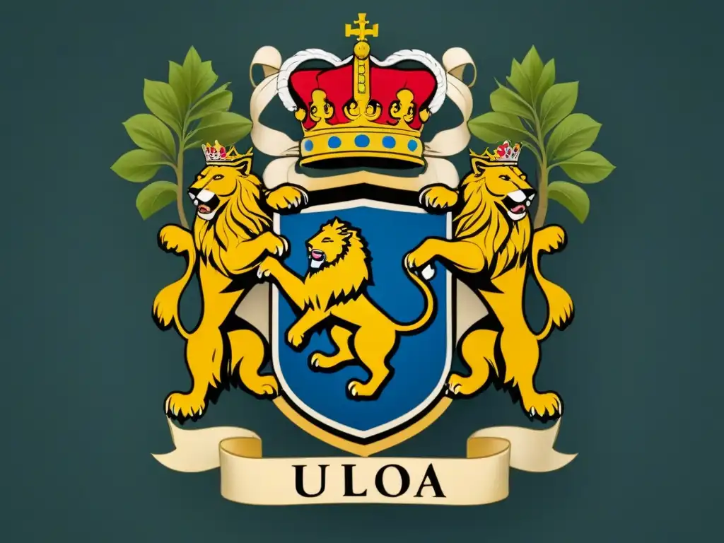 Un escudo de armas detallado para la familia Ulloa, simbolizando su origen, historia y honor con un diseño vintage