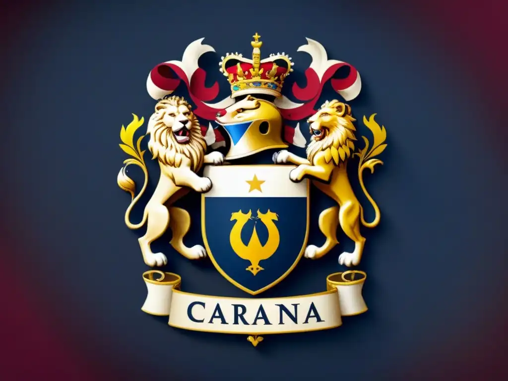 Escudo de armas detallado de la familia Carranza en tonos de burgundy, oro y azul marino