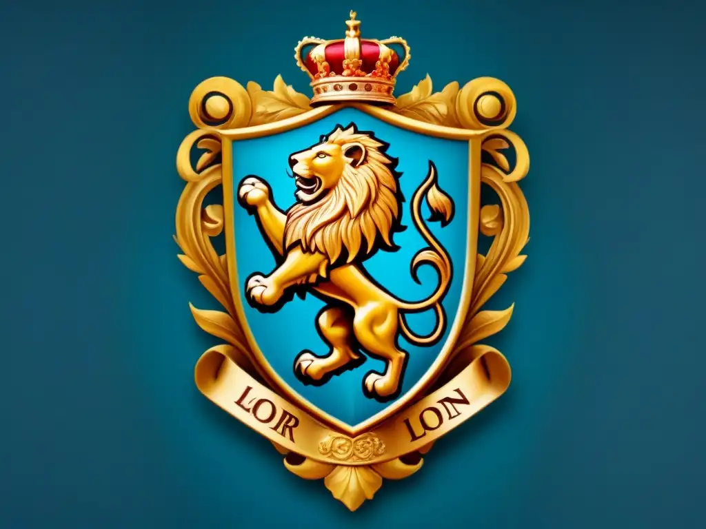 Un escudo de armas detallado con un majestuoso león rampante en un campo azul, rodeado de intrincados adornos y una corona dorada