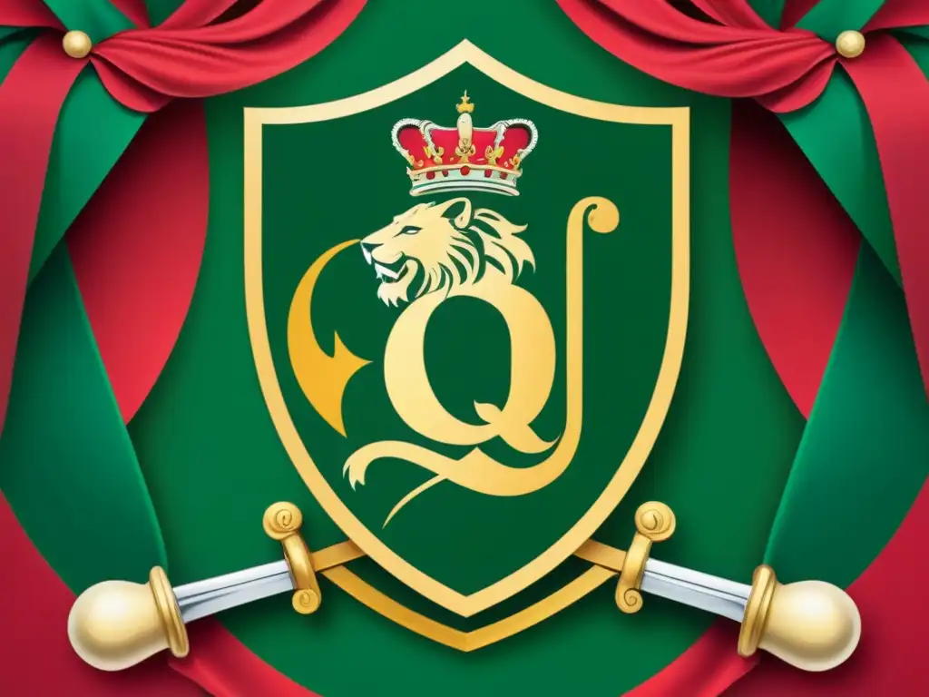 Escudo de armas detallado con león majestuoso y espada, rodeado de ornamentos en colores vibrantes